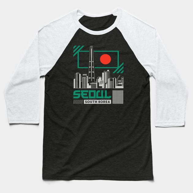 Retro Seoul South Korea City Skyline Vintage Korean Baseball T-Shirt by Now Boarding